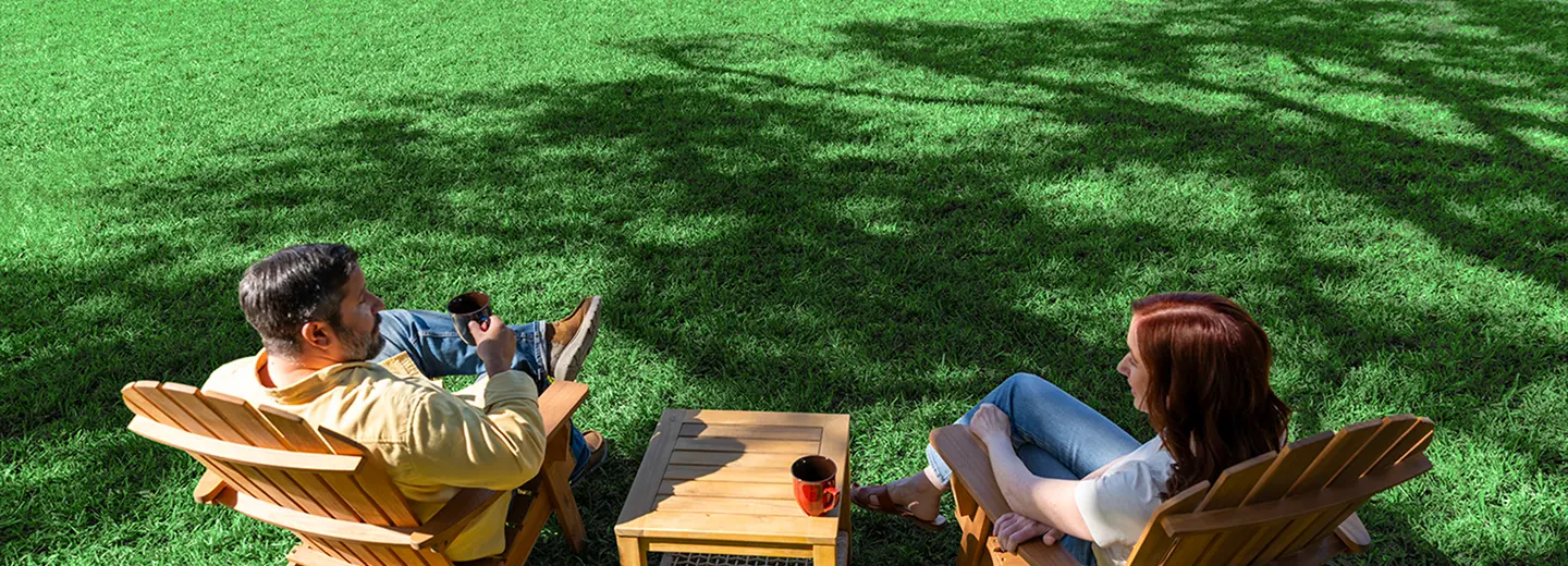 Two people on lawn chairs on a green, flawless lawn.